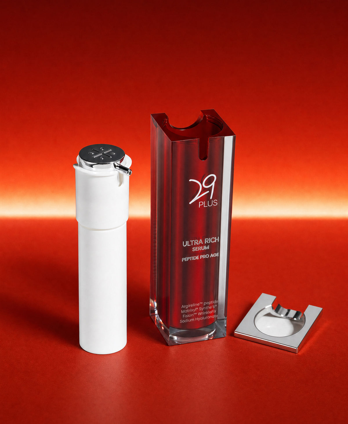 29 PLUS Ultra Rich Serum Refill pod, refillable peptide serum, on a red background